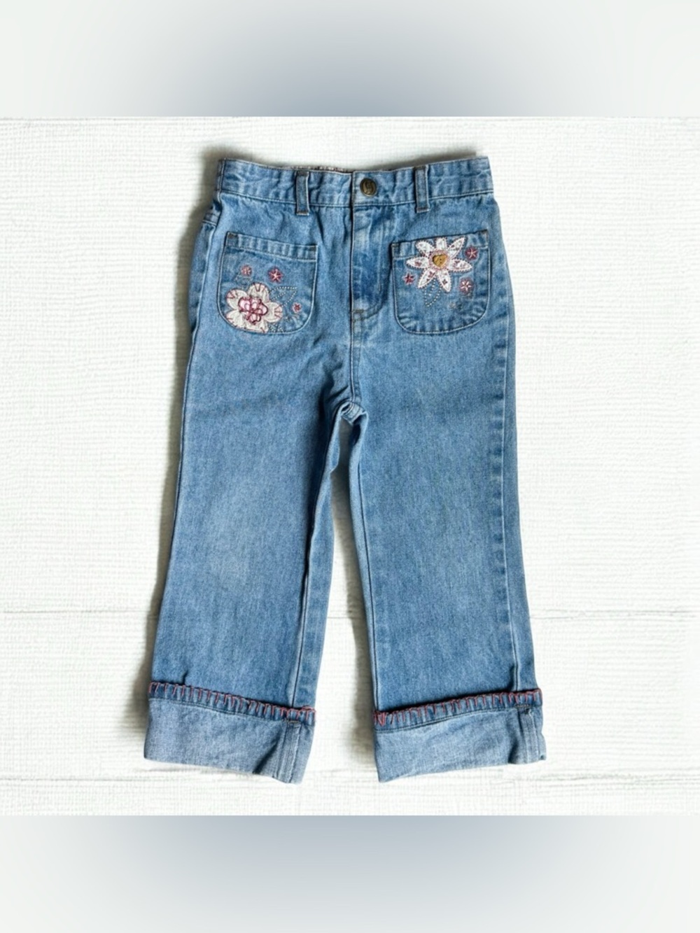 Y2K Vintage Girls 3T Jeans Faded Glory Floral Patchwork Embroidered Cuffed Boho